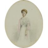 M E Hall - Full length portrait of a young female wearing a white dress, late 19th century oval