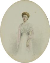 M E Hall - Full length portrait of a young female wearing a white dress, late 19th century oval