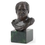 Classical patinated bronze bust of Roman Emperor Caracalla raised on a square green marbleised base,