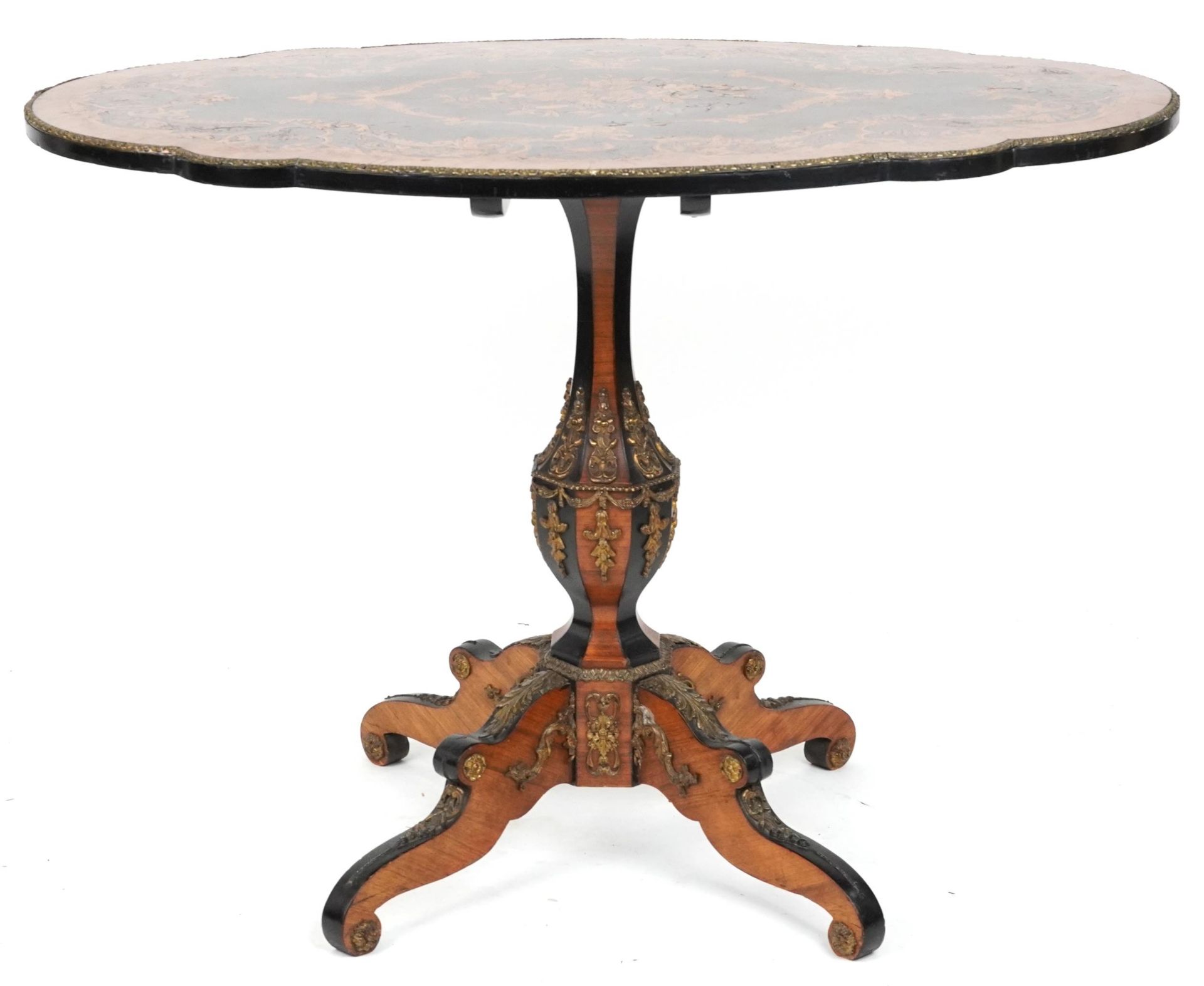 19th century continental kingwood, ebony and marquetry inlaid tilt top centre table with shaped - Image 4 of 9