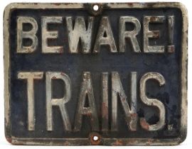 Railwayana interest Beware! Trains cast iron sign, 41cm x 32cm : For further information on this lot