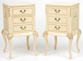 Pair of French style cream and gilt three drawer nightstands, 69.5cm H x 37cm W x 34cm D : For