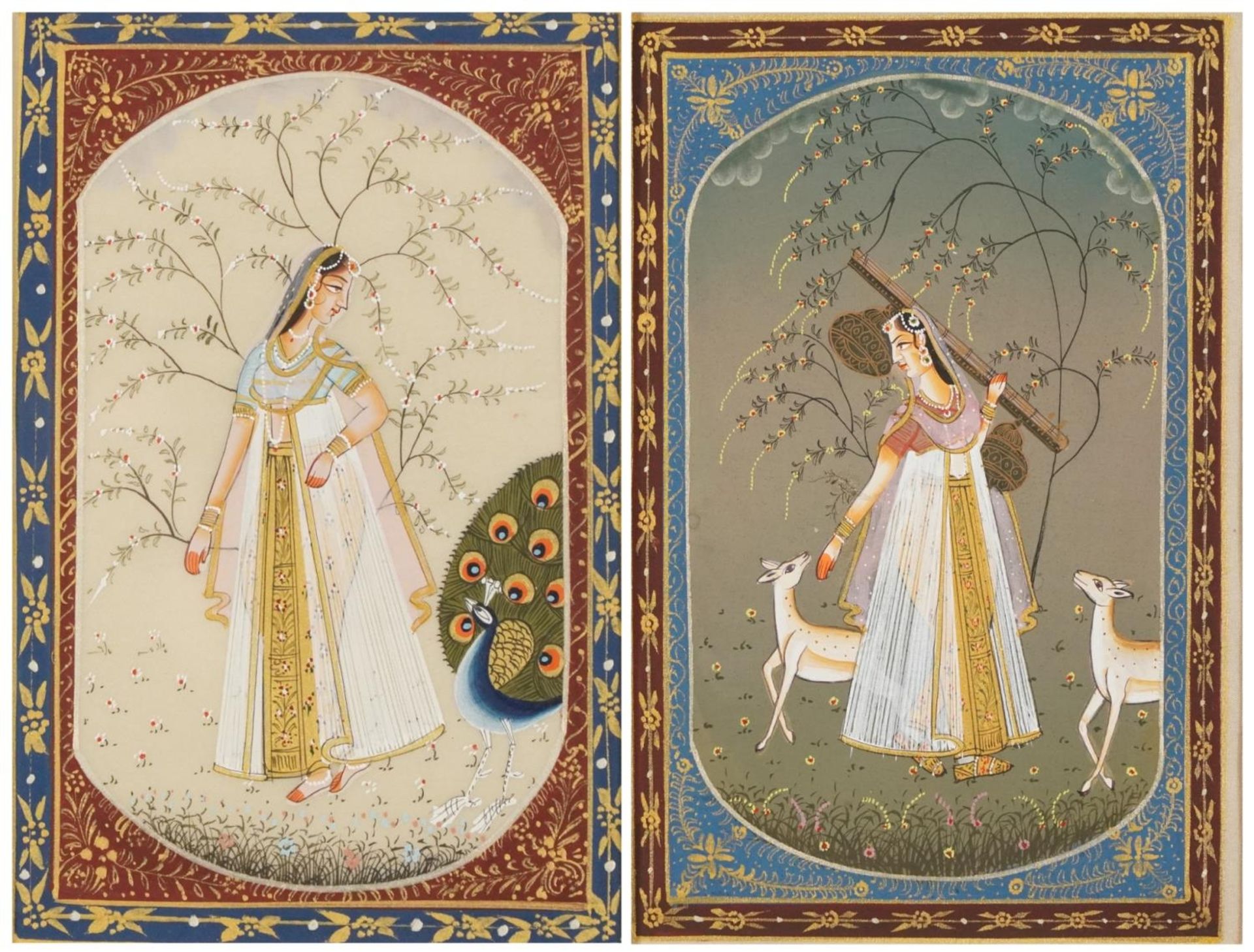 Ragina Vasanta, pair of Indian Bundi school watercolours on silk, mounted and framed, one glazed,