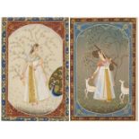 Ragina Vasanta, pair of Indian Bundi school watercolours on silk, mounted and framed, one glazed,