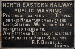 Railwayana interest North Eastern Railway Public Warning cast iron sign, 90cm x 60cm : For further