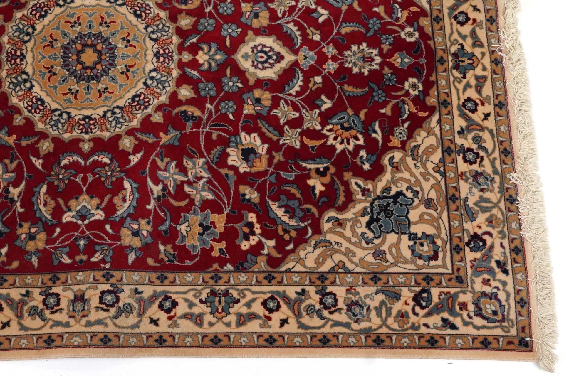 Rectangular Indian Rani rug having an allover repeat floral design on the red and cream grounds, - Image 5 of 6