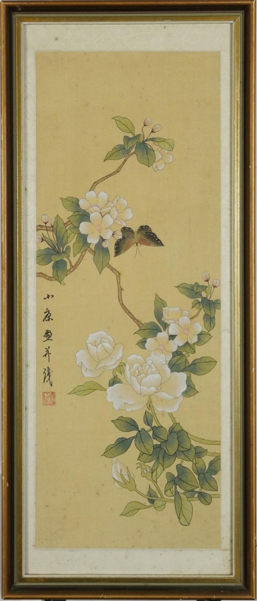 Butterflies and birds amongst flowers, pair of Chinese watercolours on silk, signed with red seal - Image 3 of 9