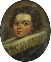 Top half portrait of a young man, Old Master school oval oil, framed and glazed, 44.5cm x 36.5cm
