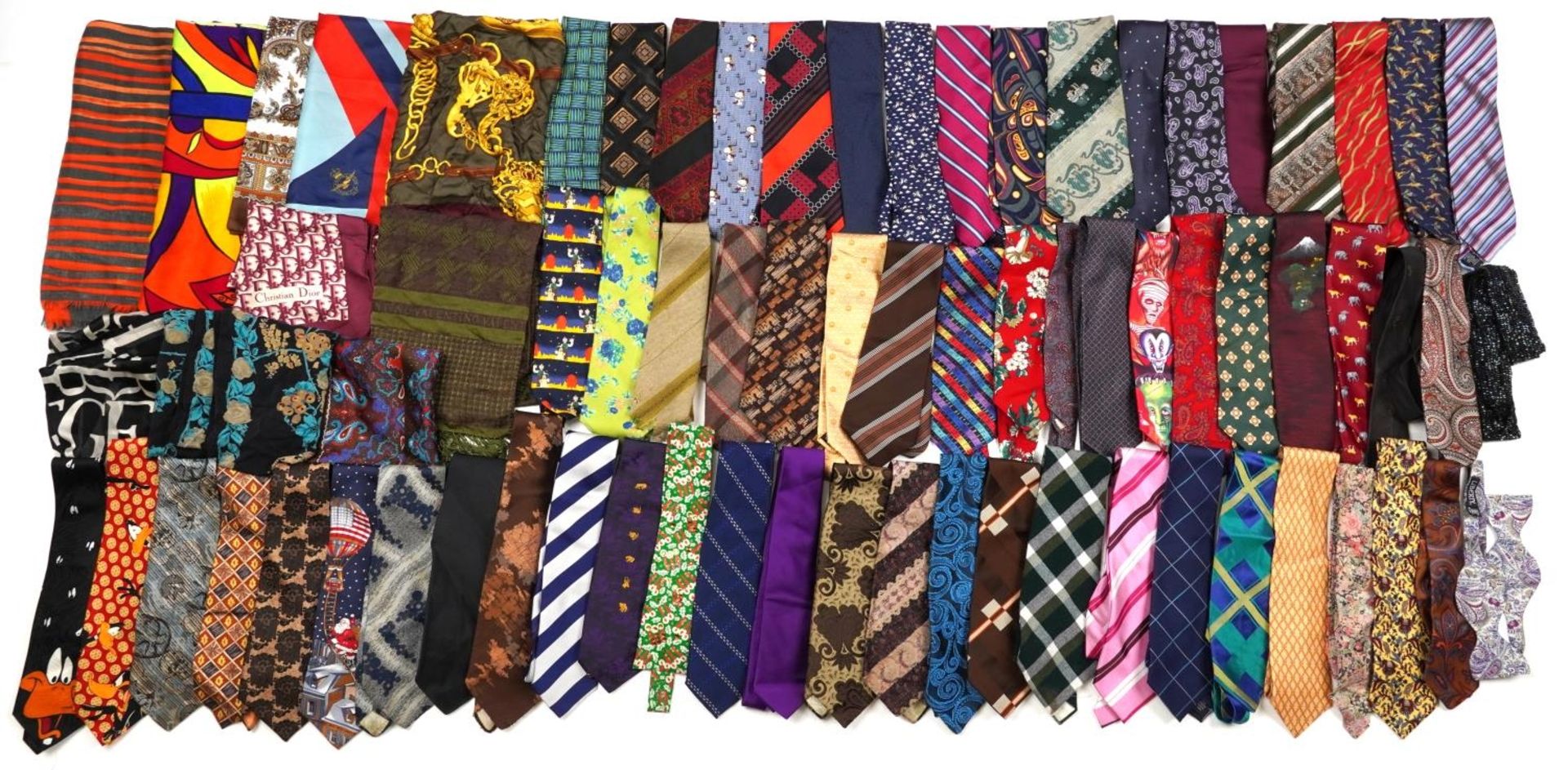 Collection of vintage and later ties and scarves, some silk, including Hermes, Christian Dior, Tommy