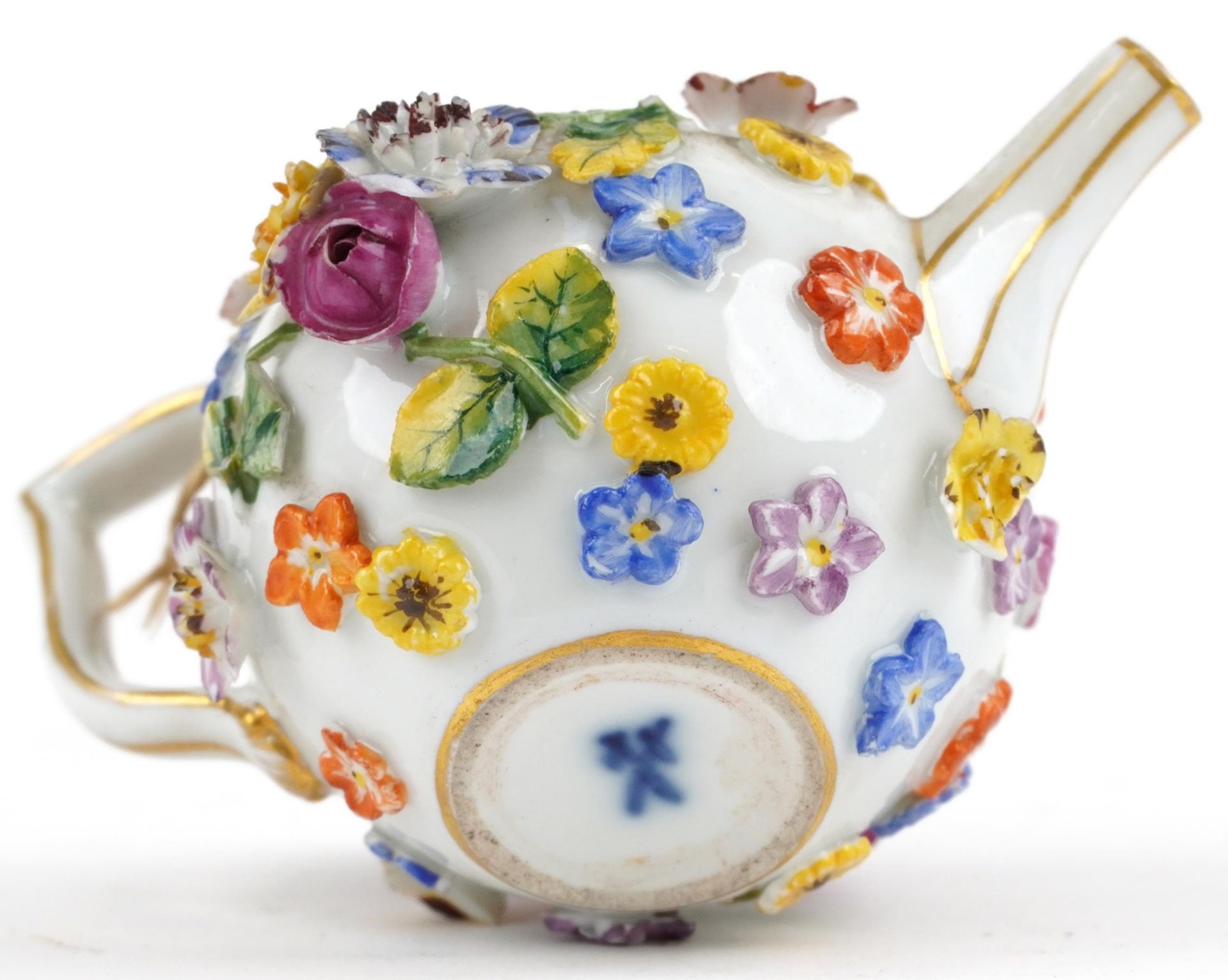 Meissen, 19th century German porcelain floral encrusted miniature teapot, 9.5cm in length : For - Image 3 of 4