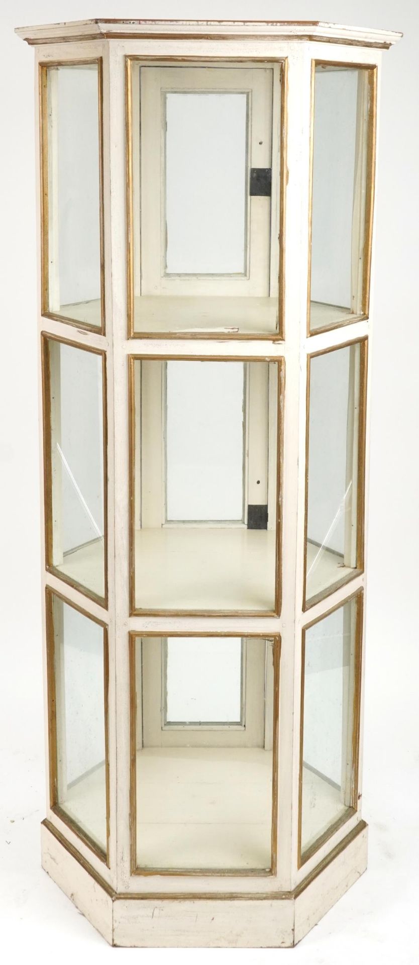 French style cream and gilt painted three tier hexagonal display cabinet with brass mounts, 180. - Image 2 of 2