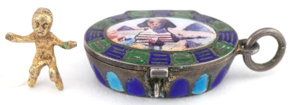 Egyptian Revival silver and enamel sarcophagus pendant housing a baby, 2.1cm high, 3.9g : For
