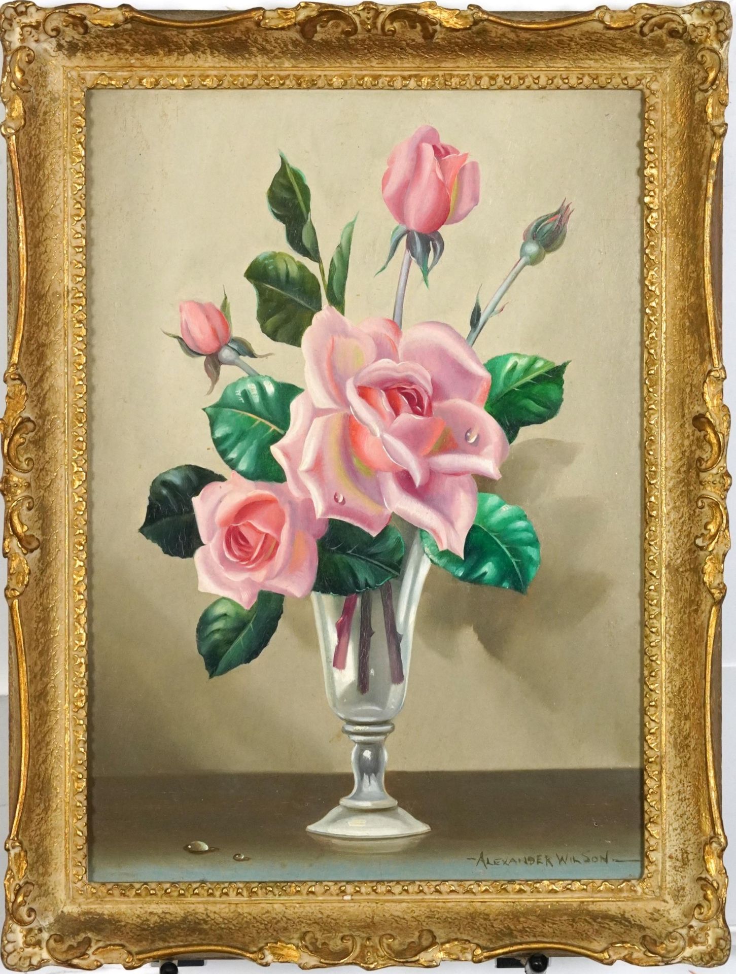 Alexander Wilson - Roses in a vase, oil on board, framed, 34.5cm x 24.5cm excluding the frame : - Image 2 of 4