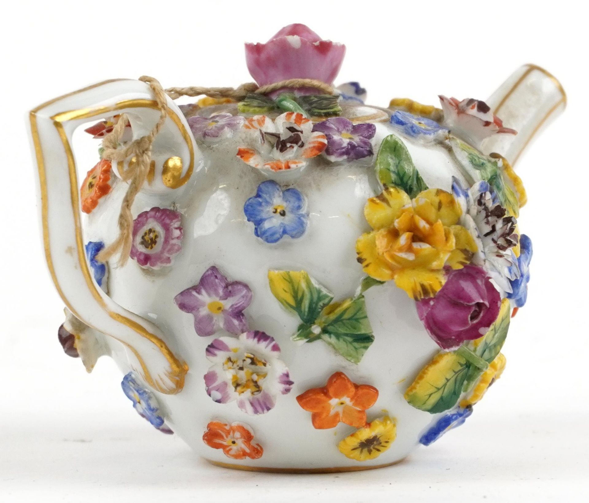 Meissen, 19th century German porcelain floral encrusted miniature teapot, 9.5cm in length : For - Image 2 of 4