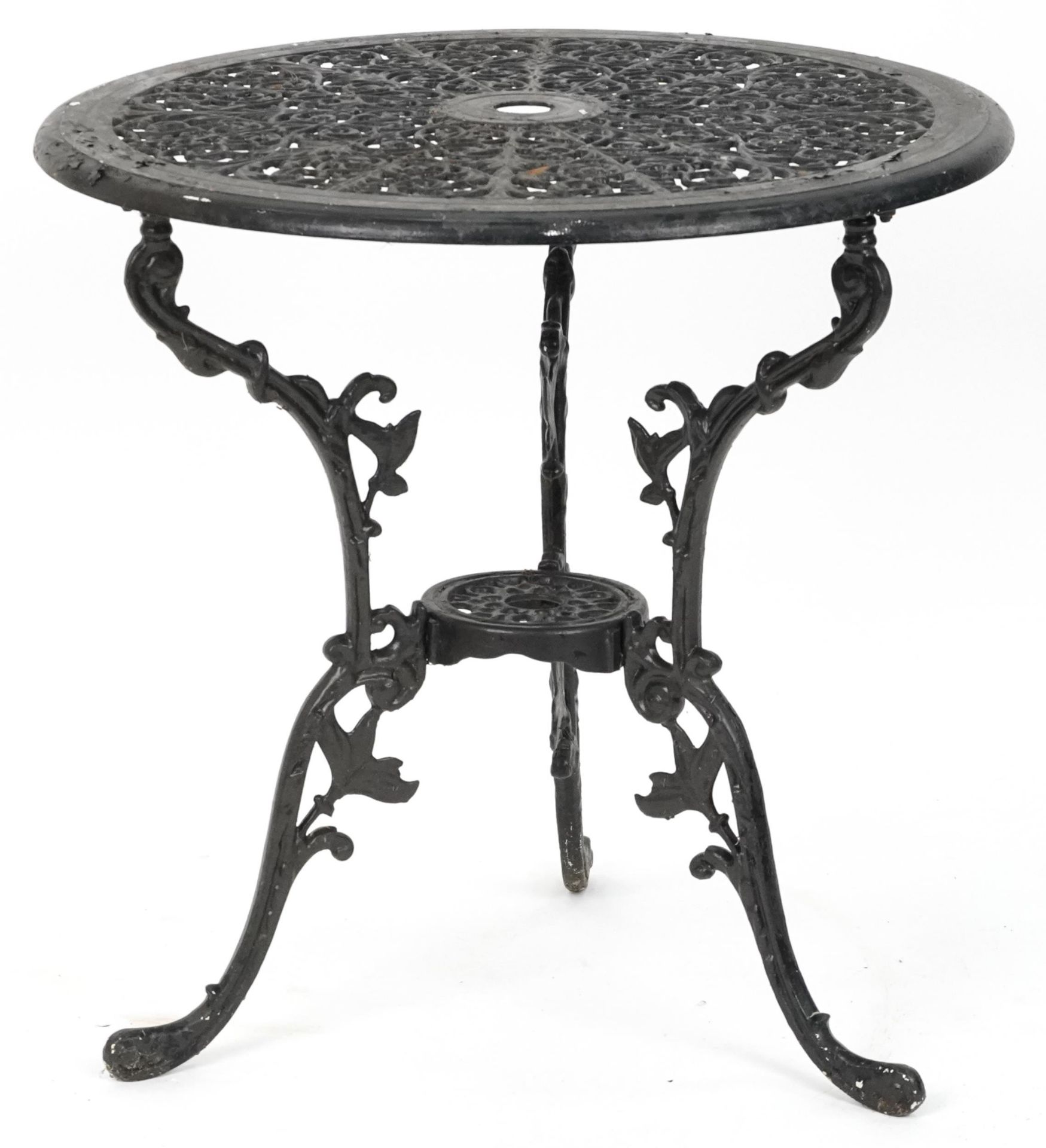 Black painted cast metal circular garden table with three chairs, 70.5cm high x 69cm in diameter : - Image 5 of 7