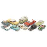Ten vintage Dinky and Corgi diecast vehicles including Triumph and Chevrolet Impala : For further