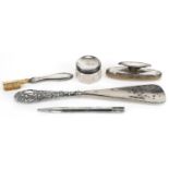 Edwardian and later silver objects including a propelling pencil, ink blotter and shoehorn with