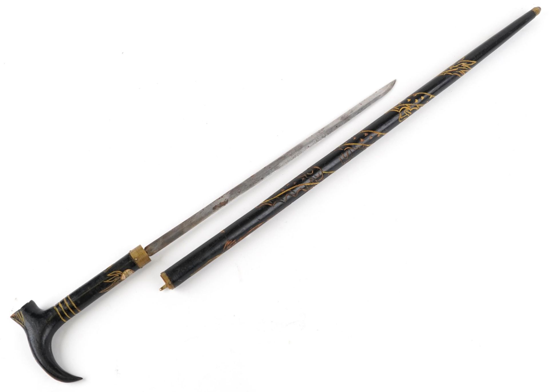 Chinese ebonised walking swordstick carved with a dragon chasing the flaming pearl, 96cm in length : - Bild 3 aus 4