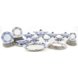 Victorian blue and white Dresden pattern dinnerware including a large oval meat platter, graduated