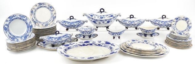 Victorian blue and white Dresden pattern dinnerware including a large oval meat platter, graduated