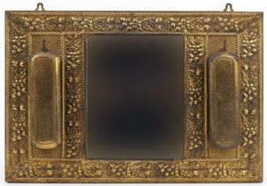 Vintage embossed brass hall mirror with two clothes brushes, 43cm x 32cm : For further information