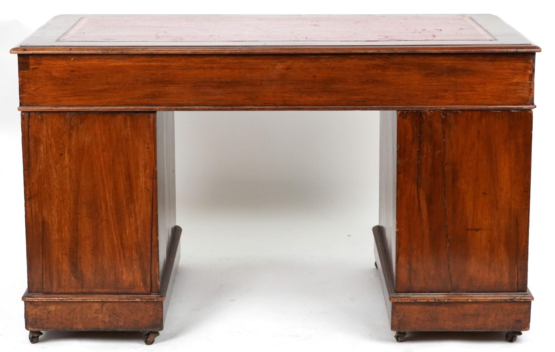 Victorian mahogany twin pedestal desk with tooled leather insert fitted with an arrangement of - Image 4 of 4