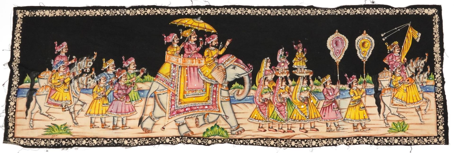 Indian sequinned textile depicting a mahout procession, 145cm x 54cm : For further information on