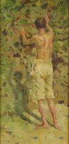 Manner of Henry Scott Tuke - Standing semi nude male, Modern British oil on wood panel, mounted