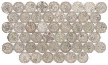 Collection of British pre decimal, pre 1947 two shillings and florins, 554g : For further