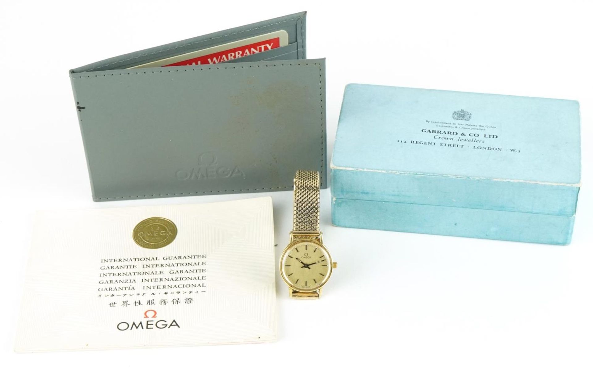 Omega, ladies 18ct gold wristwatch with 9ct gold strap with paperwork and Garrard & Co box, 21mm - Bild 7 aus 7