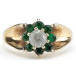 9ct gold clear and green stone flower head ring, size N, 2.9g : For further information on this