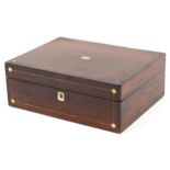 Victorian brass strung rosewood workbox with mother of pearl inlay, 11.5cm H x 31cm W x 23cm D : For