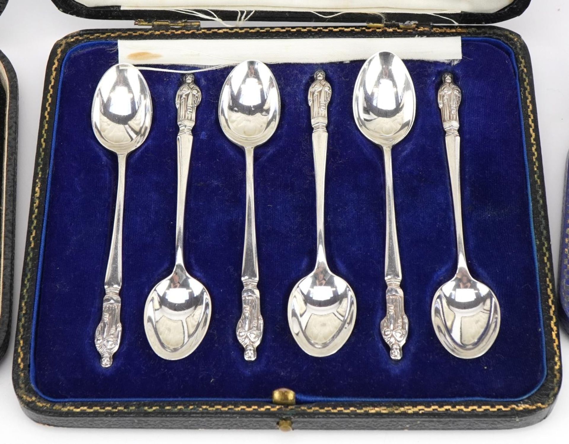 Three sets of silver spoons with cases comprising set of six apostle teaspoons housed in a Harrods - Image 3 of 9