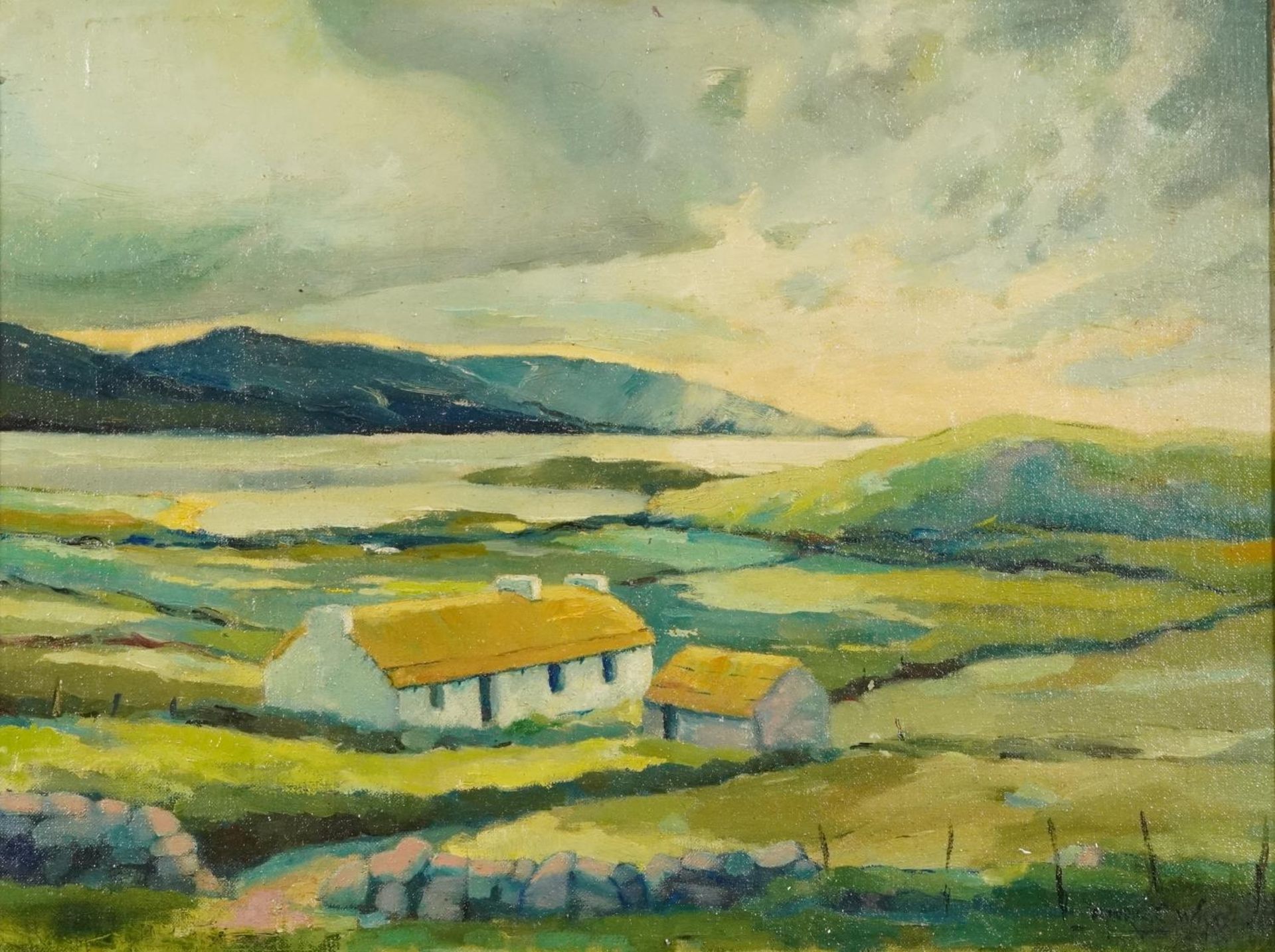 Manner of Maurice C Wilks - Landscape with cottages, Irish school oil on board, inscribed verso,
