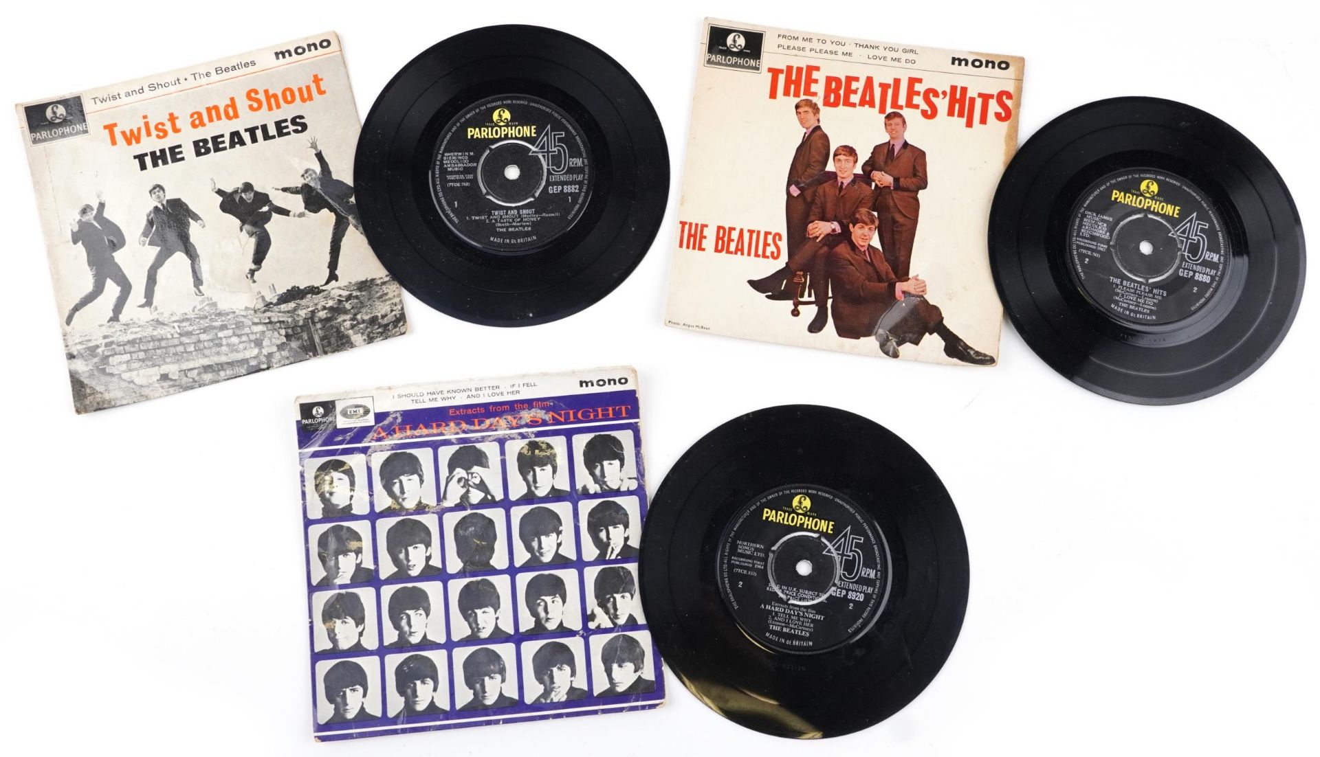 Three The Beatles 45rpm records comprising A Hard Day's Night, The Beatles Hits and Twist and