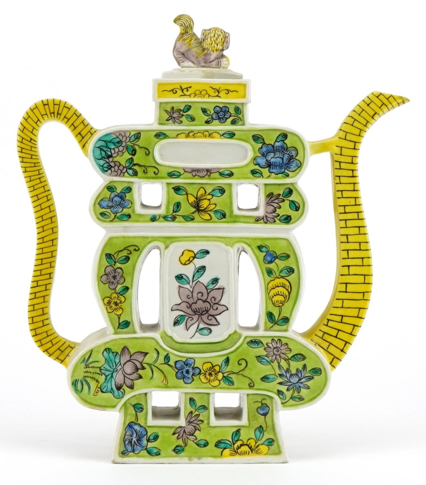 Chinese porcelain puzzle teapot hand painted with flowers, 24cm high : For further information on - Image 4 of 7