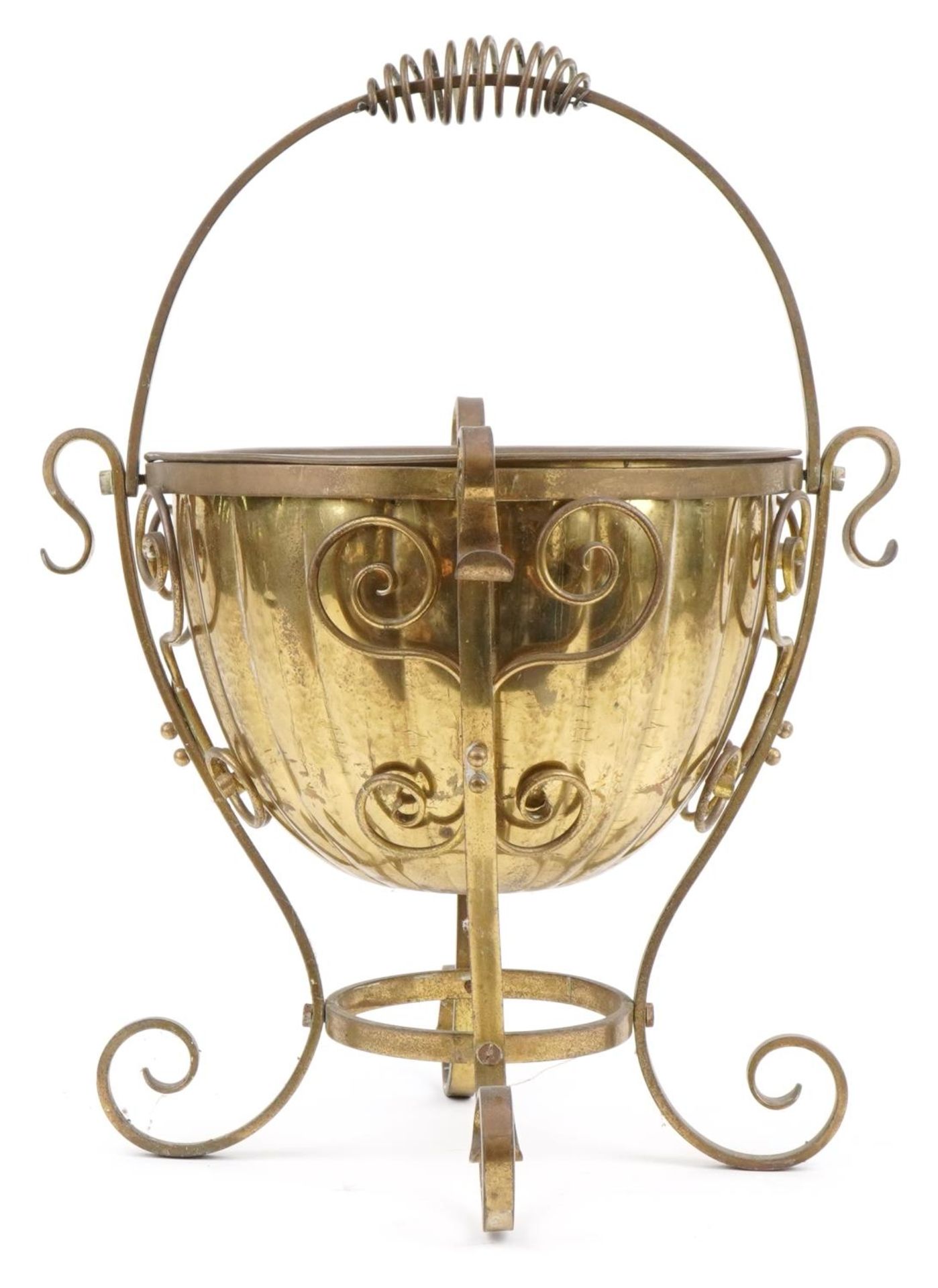 19th century style brass log bucket with swing handle, 45cm in diameter : For further information on