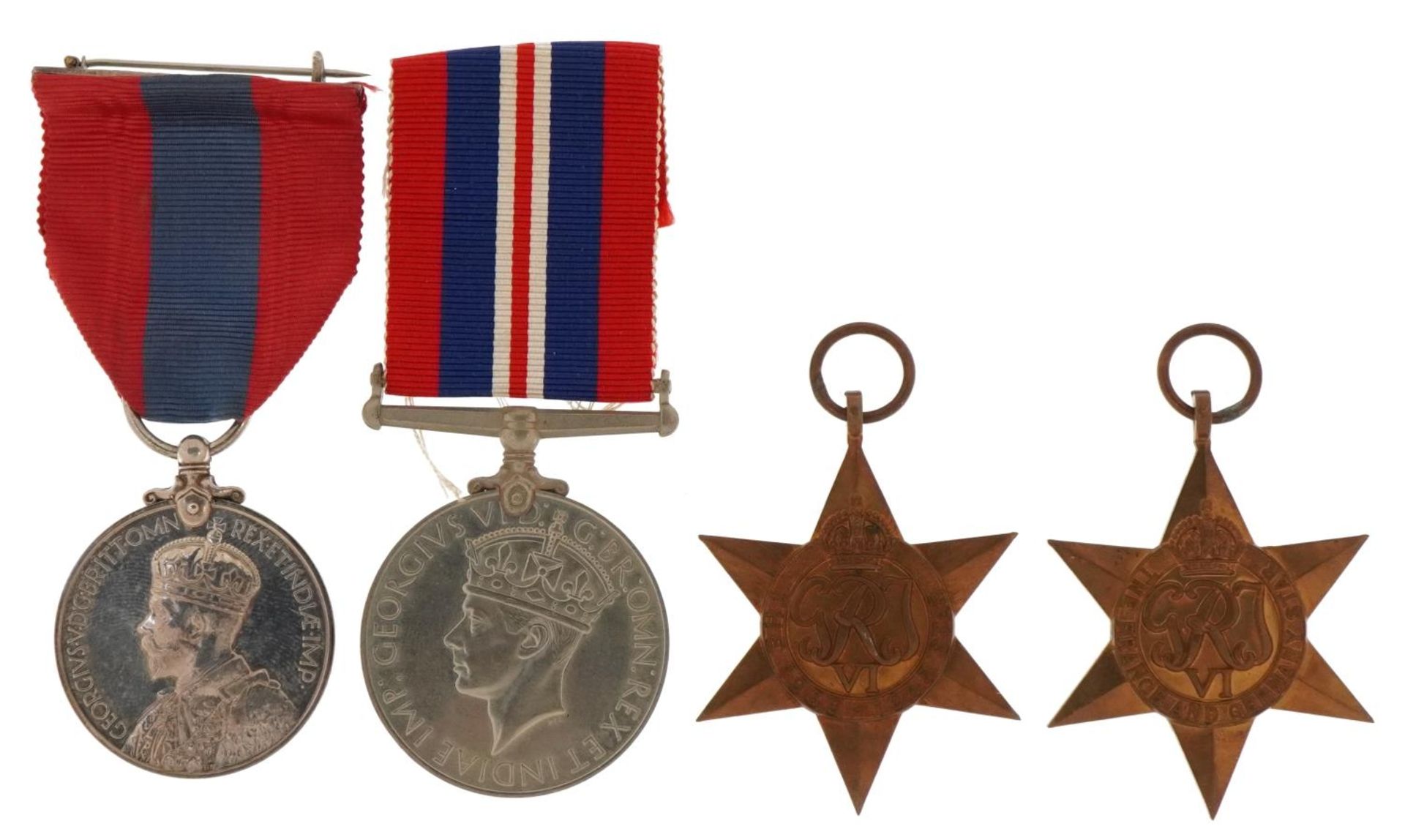 Three British military World War II medals and a George V Faithful Service medal with fitted case - Image 2 of 5