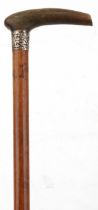 Malacca walking stick with horn handle and engraved silver collar, the handle possibly rhinoceros