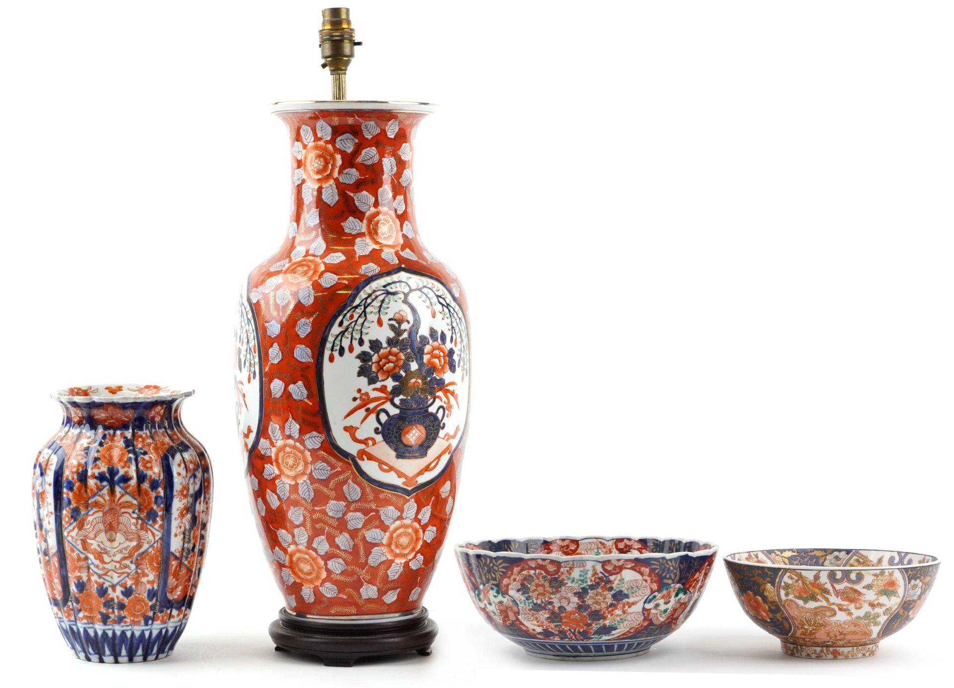 Japanese Imari porcelain including a large vase table lamp, fluted vase hand painted with flowers - Image 2 of 6