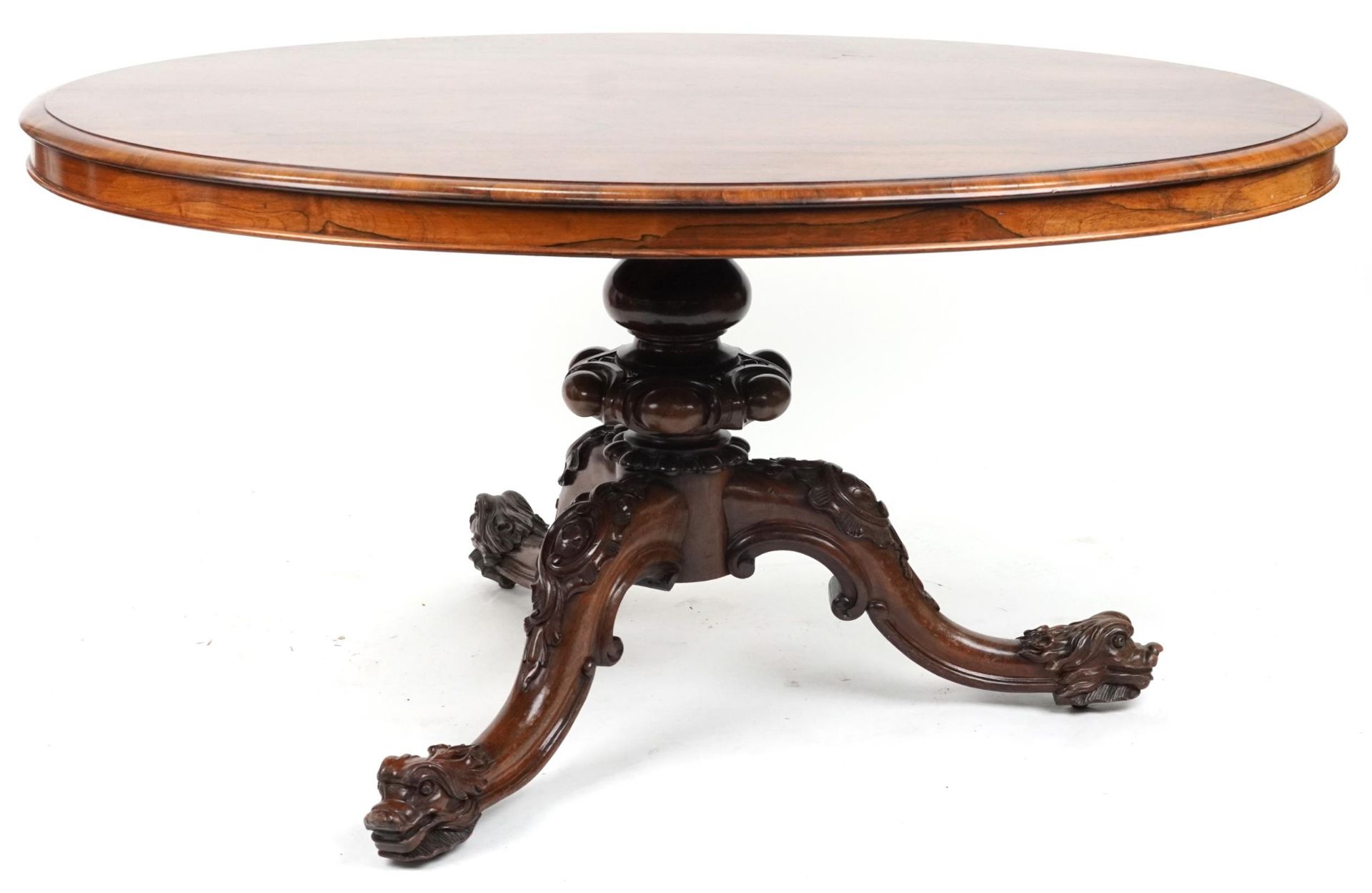 Victorian rosewood tilt top breakfast table with carved bulbous column on lion mask feet, 74cm H x - Image 3 of 6