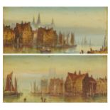 T Montimer - Sailing boats on a river before a cathedral, pair of continental watercolours, each