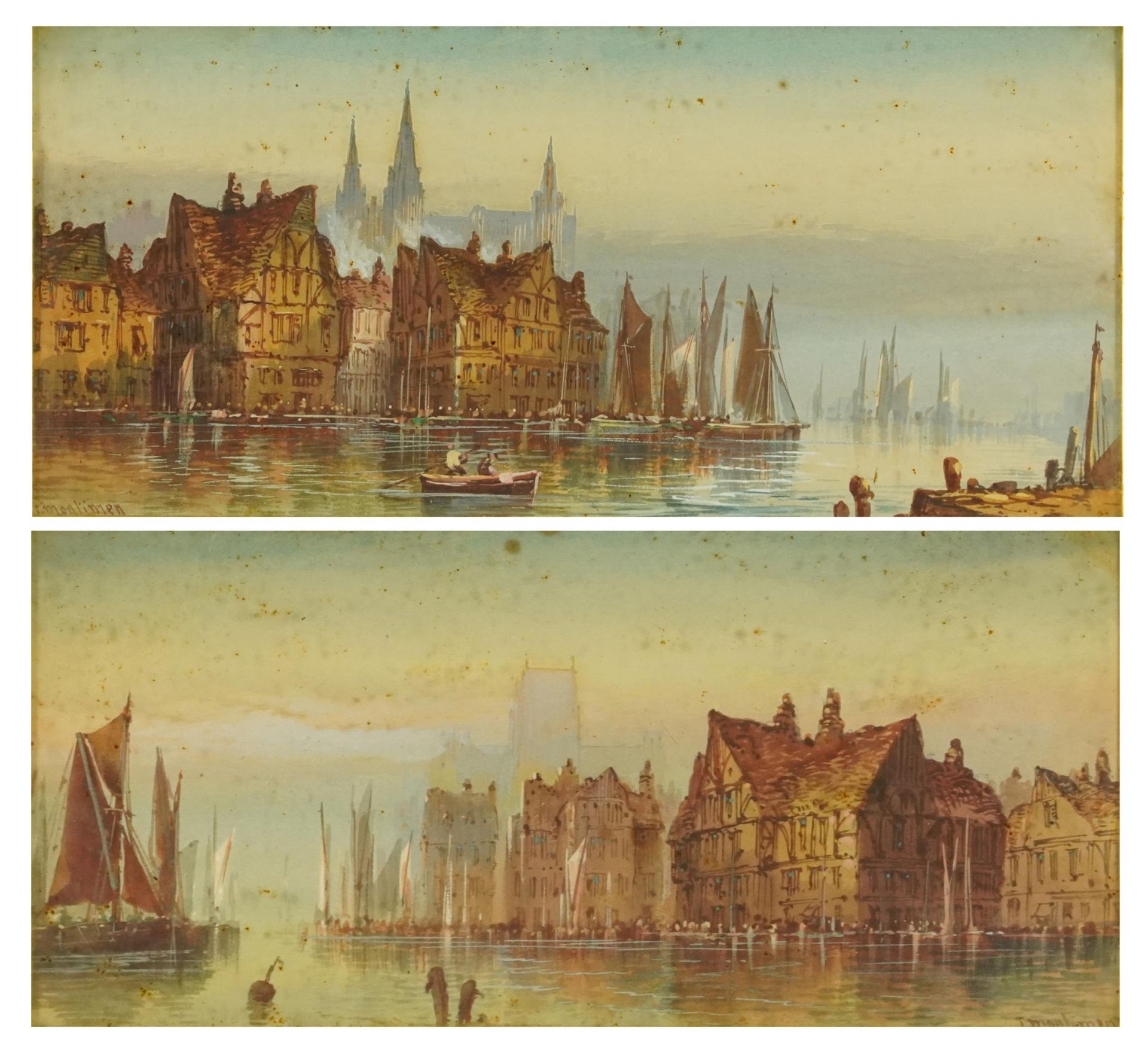 T Montimer - Sailing boats on a river before a cathedral, pair of continental watercolours, each