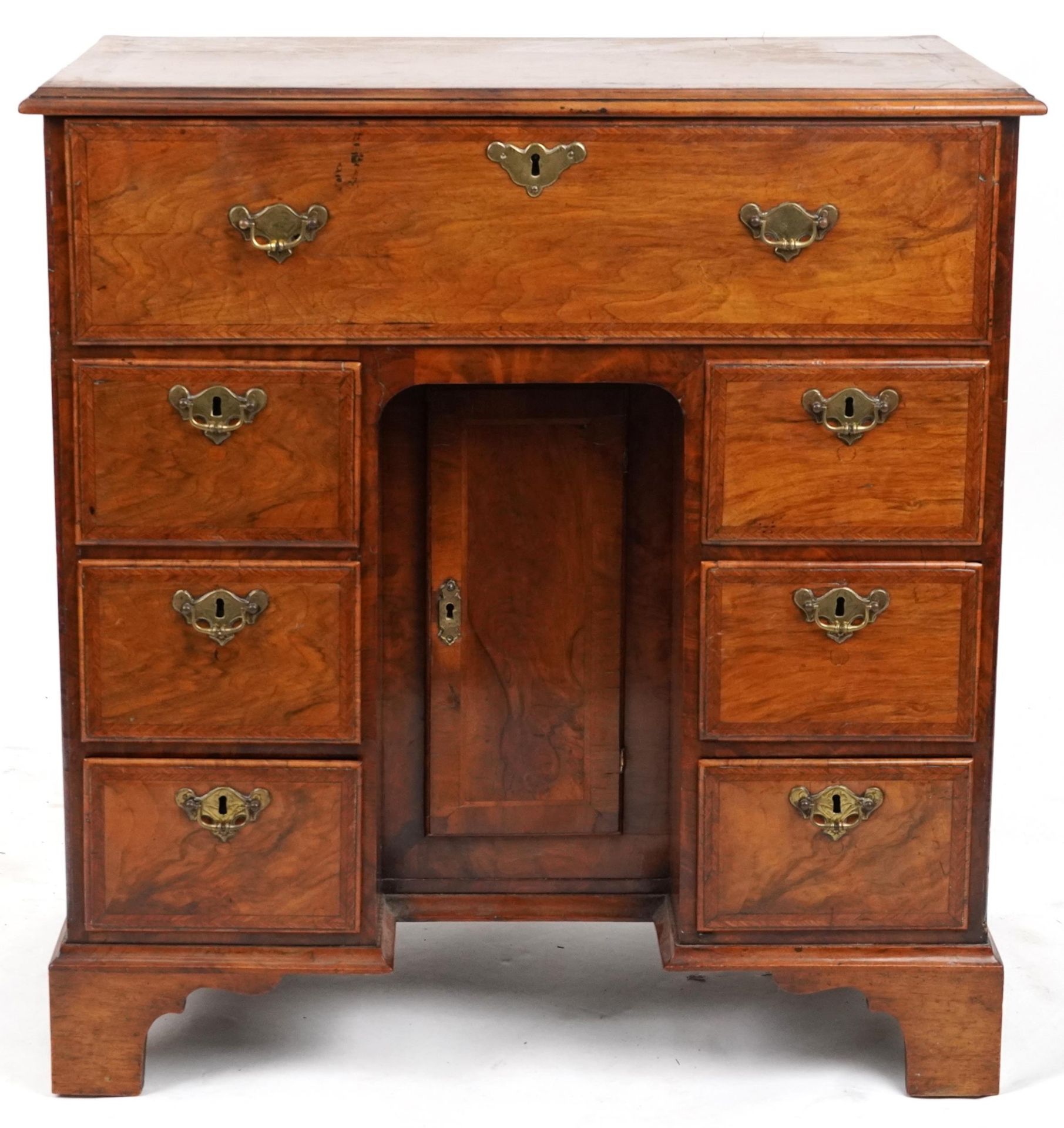 Antique figured walnut cross and feather banded kneehole secretaire desk fitted with an - Image 4 of 5