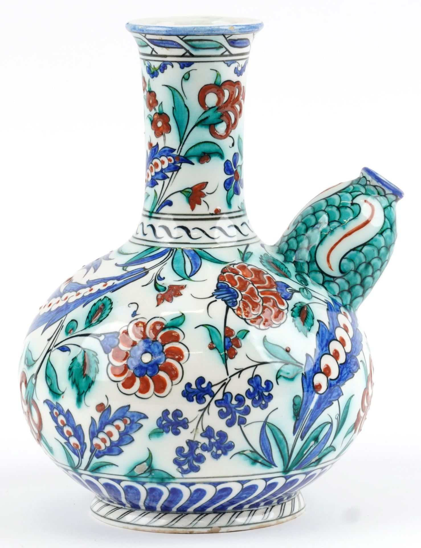 Turkish Iznik pottery kendi hand painted with stylised flowers, 27.5cm high : For further - Image 5 of 7