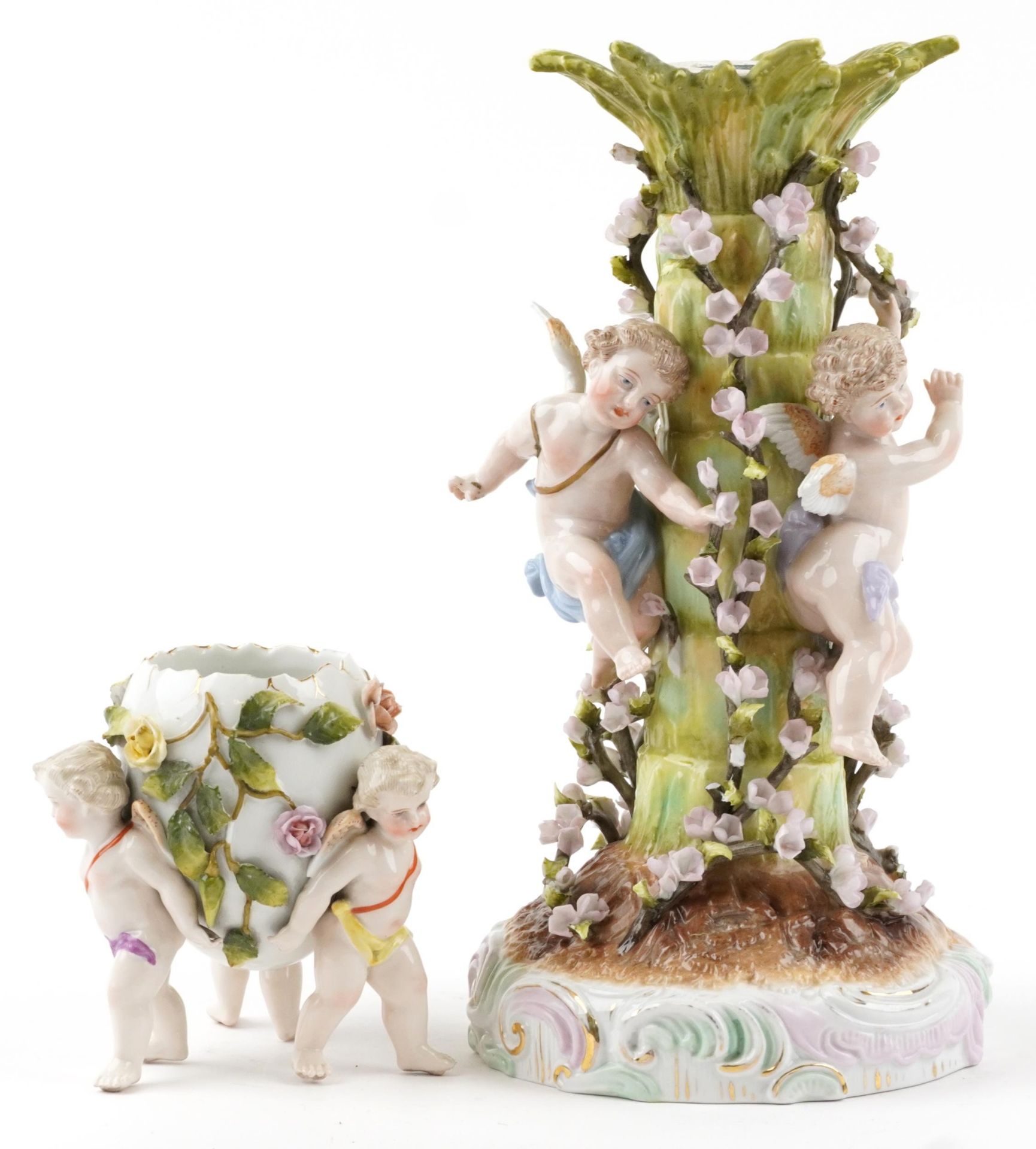 Plaue, German floral encrusted porcelain centrepiece surmounted with three Putti and a similar - Image 2 of 4
