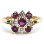9ct gold ruby and diamond three tier flower head ring, size O, 3.0g : For further information on