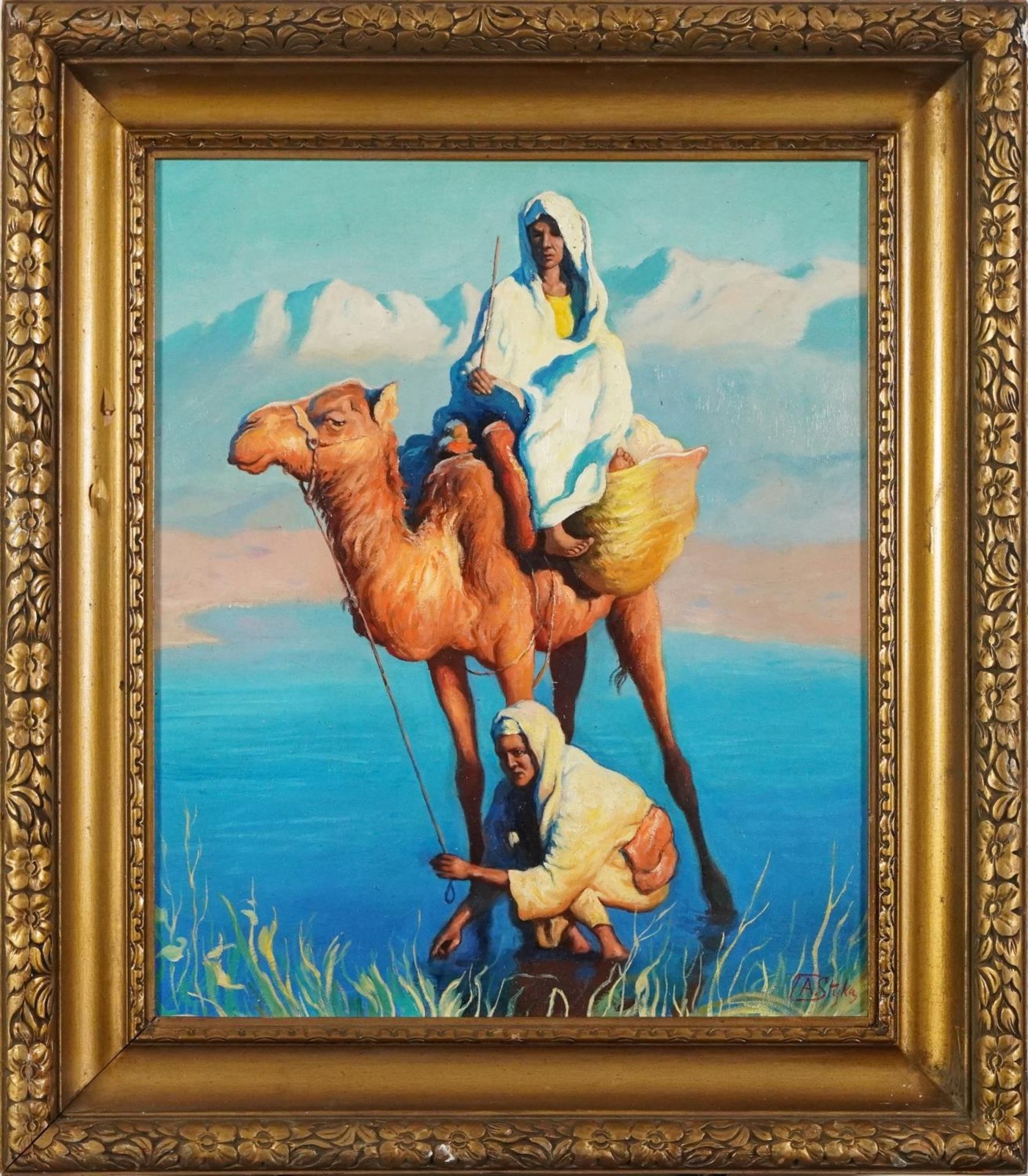 Desert scene with figure on camelback and handler, continental school oil, mounted and framed, - Image 2 of 6