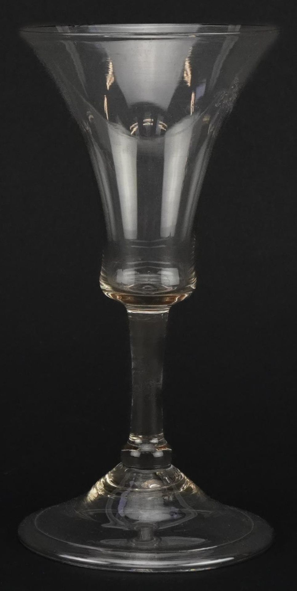 18th century wine glass with bell shaped bowl on folded foot, 15cm high : For further information on