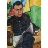Portrait of a man in an interior, post-war British oil on board, mounted and framed, 30.5cm x 22cm